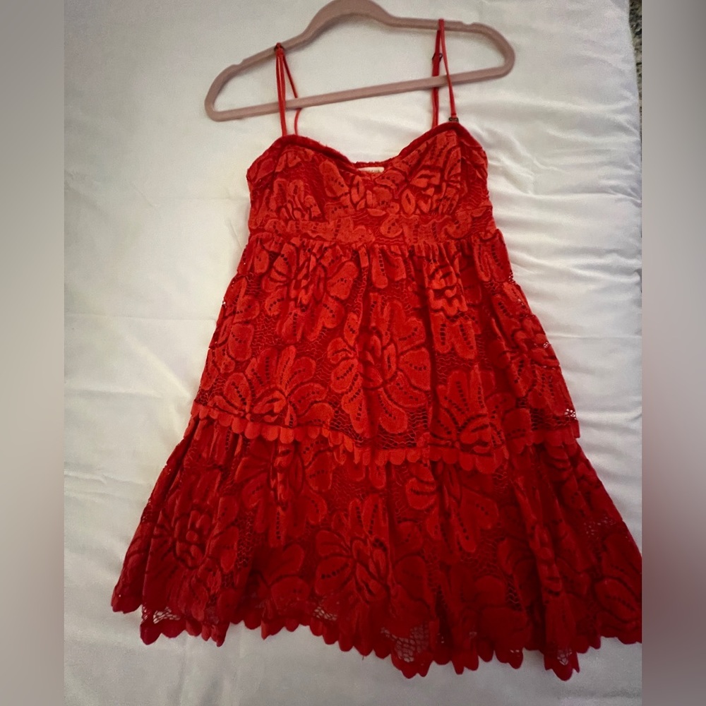 Maeve by Anthro: Mini Flower Lace Dress in Red